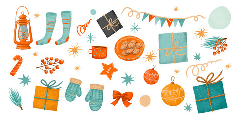 Set of hand-drawn New Year's elements, bright cozy New Year's elements