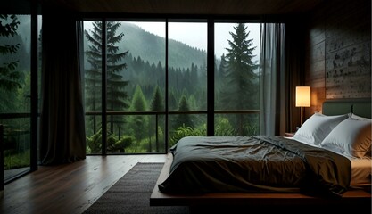 Cozy Room with a View of Rainy Mountains through a Large Glass Window