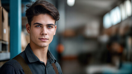 Fototapeta premium A young man stands in a warehouse, sporting a casual look with a focused expression, as blurred activity unfolds in the background - Generative AI