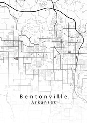 Minimalist white map of Bentonville,Arkansas – A modern map print highlighting infrastructure of the city, useful for tourism purposes
