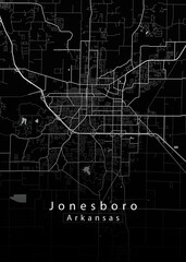 Minimalist black map of Jonesboro, Arkansas &ndash; A modern map print highlighting infrastructure of the city, useful for tourism purposes
