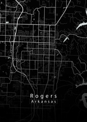 Minimalist black map of Rogers, Arkansas – A modern map print highlighting infrastructure of the city, useful for tourism purposes
