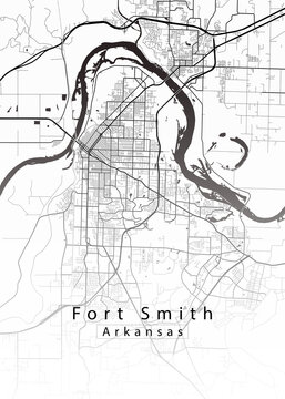 Minimalist white map of Fort Smith, Arkansas &ndash; A modern map print highlighting infrastructure of the city, useful for tourism purposes
