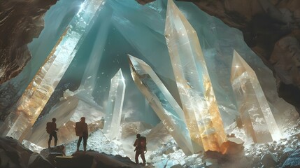 Exploring a cave with huge crystals