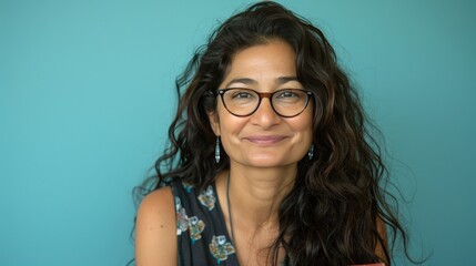 Obraz premium smiling woman school teacher with long dark hair and glasses on blue background Back to School
