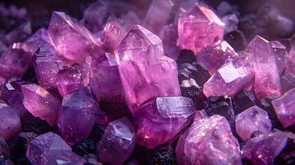 Close-up background of dark lilac amethyst crystals