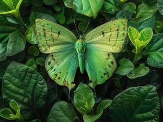 Close-up of a vibrant green butterfly resting on lush green leaves, showcasing intricate wing patterns in a natural setting.