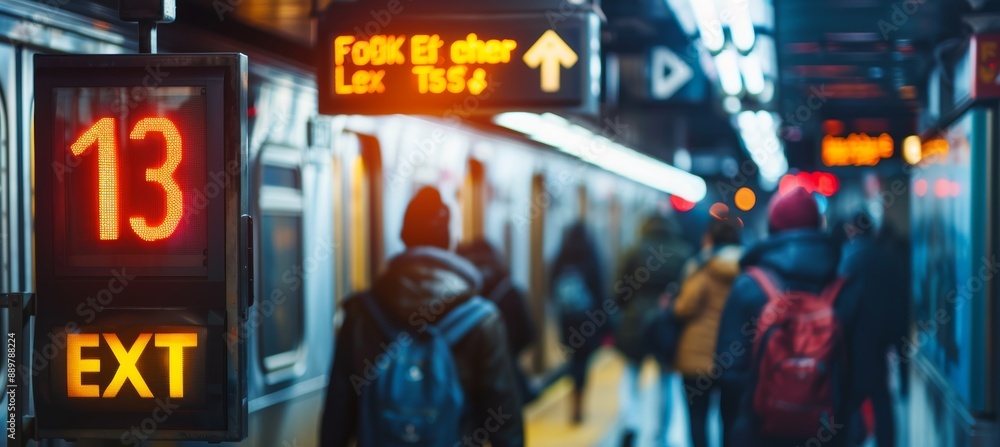 Poster busy subway station with directional signs and crowds of commuters navigating platforms and exits