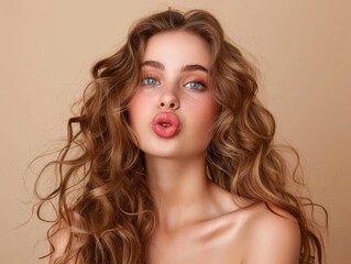 Fototapeta premium A woman with curly hair and a pink lip is blowing a kiss. Free copy space for text.