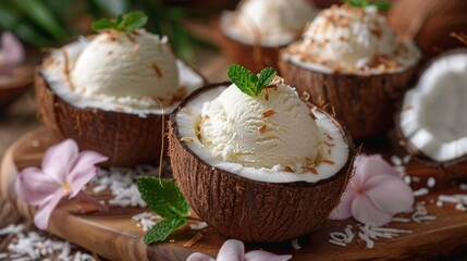 coconut ice cream, a luxurious treat of homemade coconut ice cream, served in a coconut shell, perfect for beating the summer heat