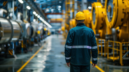 Industrial worker wearing a yellow helmet walks through a factory hallway surrounded by machinery, representing industry and labor.