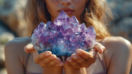 Healer woman holding different crystal clusters (amethyst)