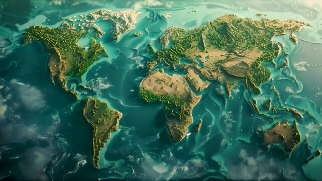 Intricate 3D world map highlighting continents and topographic details.