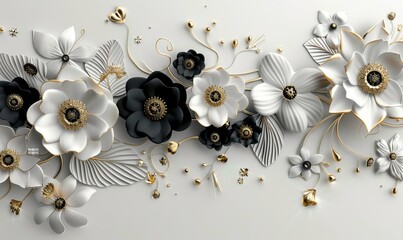 Fototapeta premium 3d mural illustration white background with golden jewelry and flowers, in black decorative wallpaper, Generative AI
