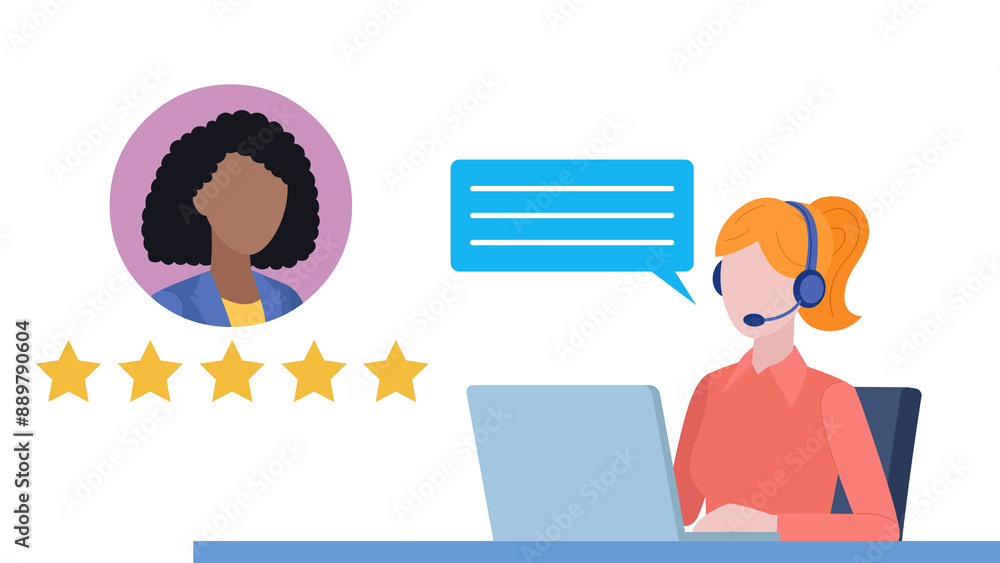 Poster flat design illustration of customer support worker in headset is having conversation with client. c