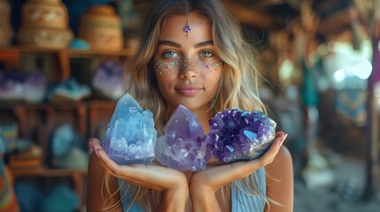 Healer woman holding different crystal clusters amethyst