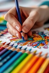 Fototapeta premium Coloring Book with Fairies and Magical Creatures, Colorful Pencils