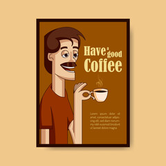 cartoon illustration of man with mustache drinking hot coffee on vintage background