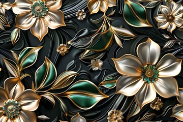 Luxury floral seamless with flowers elegant leather texture illustration background in golden, green, white, and black colors. 3d abstraction wallpaper for interior mural wall art decor, Generative AI