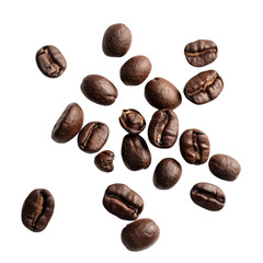 Close-up image of coffee beans scattered on a white background, capturing the rich texture and deep brown color of the beans.