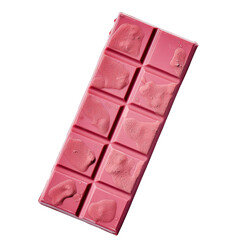 Delicious pink chocolate bar with ten square segments, isolated on white background. Perfect for confectionery and dessert visuals.