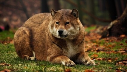 Fototapeta premium A large brown animal laying on the ground in a field, AI