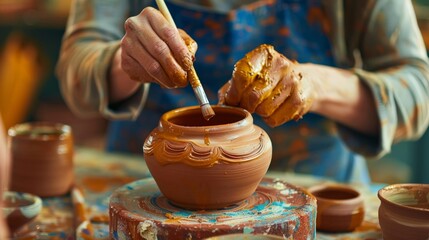 A person practicing pottery, painting designs on a finished clay pot in a pottery studio