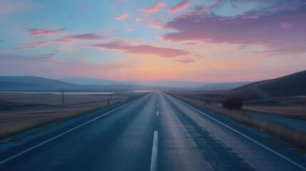 A serene highway landscape at twilight, embodying a roadmap driven by passion and motivation, providing direction and inspiration under a peaceful, soft sky
