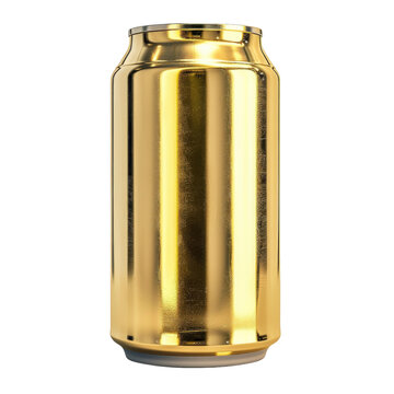 Golden aluminum can isolated on white background, perfect for beverage branding and packaging design concepts