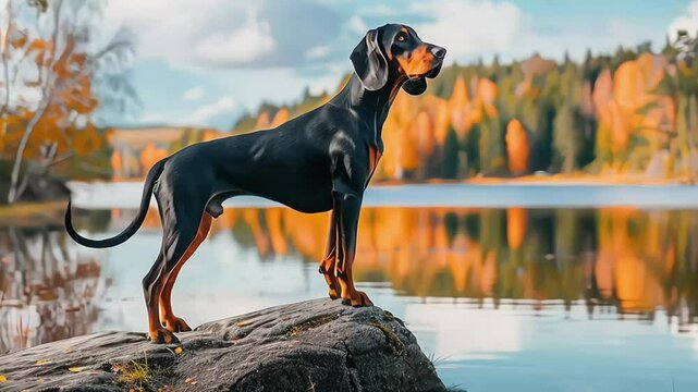Black and tan coonhound standing on rock near the lake, dog, outdoor, hunting dog, black and tan coonhound, rock