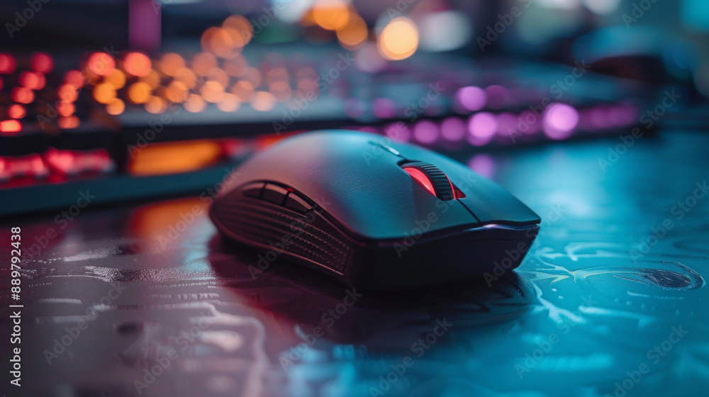 Poster close-up of a gaming mouse and keyboard illuminated by neon lights, set against a background of colo