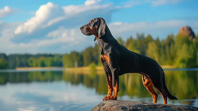 Black and tan coonhound standing on rock near the lake, dog, outdoor, hunting dog, black and tan coonhound, rock
