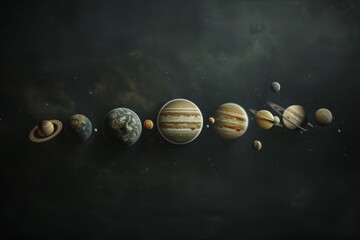 Artistic digital rendering of a planetary lineup against a dark space background showcasing the beauty and mystery of the solar system