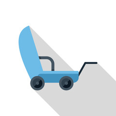 Blue baby carriage stroller with canopy sunshade being pushed on white background