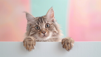 Cute  Persian Cat Peeking from Behind a White Banner Placard with Copy Space for text