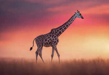 Obraz premium A giraffe striding across the savanna under a vibrant, multi-colored dawn sky. 
