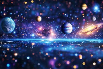 Mesmerizing digital artwork of a cosmic scene with vibrant planets and stars capturing the enchanting beauty and mystery of the universe
