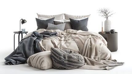 Chic bedroom decor items such as pillows, throws, and bedside lamps on a clean white background. 32k, full ultra HD, high resolution