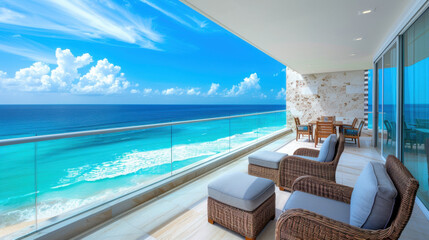 Fototapeta premium Elegant, modern balcony with comfortable seating overlooking the ocean, perfect for a luxurious and relaxing getaway.