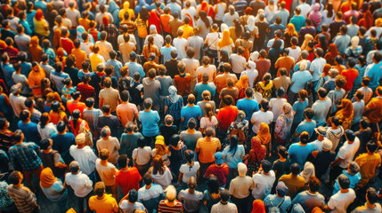 Obraz premium Overhead view of a large, diverse crowd wearing colorful clothing, showcasing community and social gatherings.