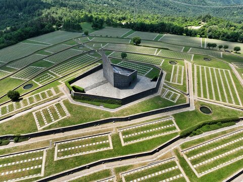 Aerial view of the Futa Germanic military cemetery "Soldatenfriedhof Futa Pass" by architect Dieter Oesterlen