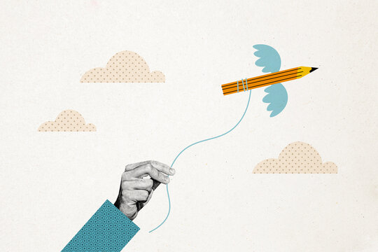 Creative trend collage of pencil flying essay writing blogger writer inspiration muse template metaphor psychedelic pinup
