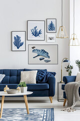 A stylish living room with blue furniture, marine-themed artwork, and modern decor, offering a chic and cozy ambiance.