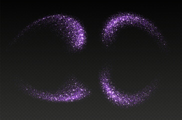 Purple glitter splashes, shiny star dust explosion, shimmer spray effect, festive holiday particles isolated on a dark background. Vector illustration.