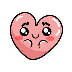 Groovy heart sticker. Pink heart with face. Funny cartoon character in trendy retro style. Valentine's Day Character. Cute emoji. Vector illustration isolated on white background