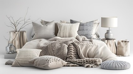 Chic bedroom decor items such as pillows, throws, and bedside lamps on a clean white background. 32k, full ultra HD, high resolution