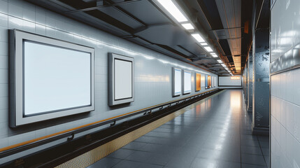 Fototapeta premium a blank poster in a subway station. Blank billboard on the platform ideal for advertising, creative advertising design.