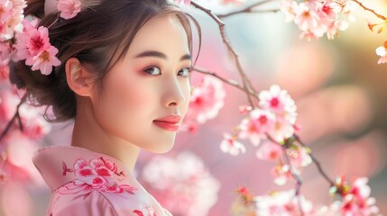 Fototapeta premium beautiful asian woman with a perfect face next to a pink sakura tree