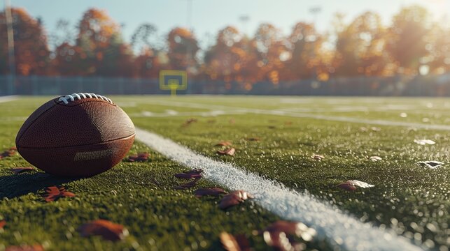 A football resting on a lush, green grassy field scattered with autumn leaves, capturing the serene yet competitive atmosphere of the early fall sports season.