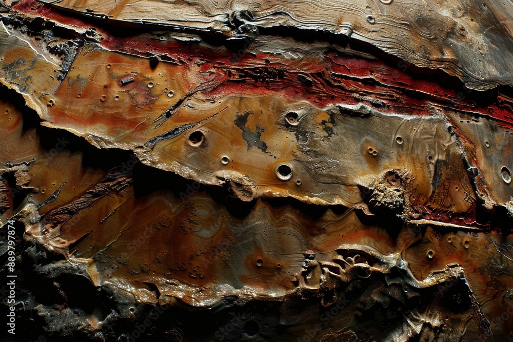 Poster intricate and textured close up photograph of a rusted metallic surface capturing the detail and com
